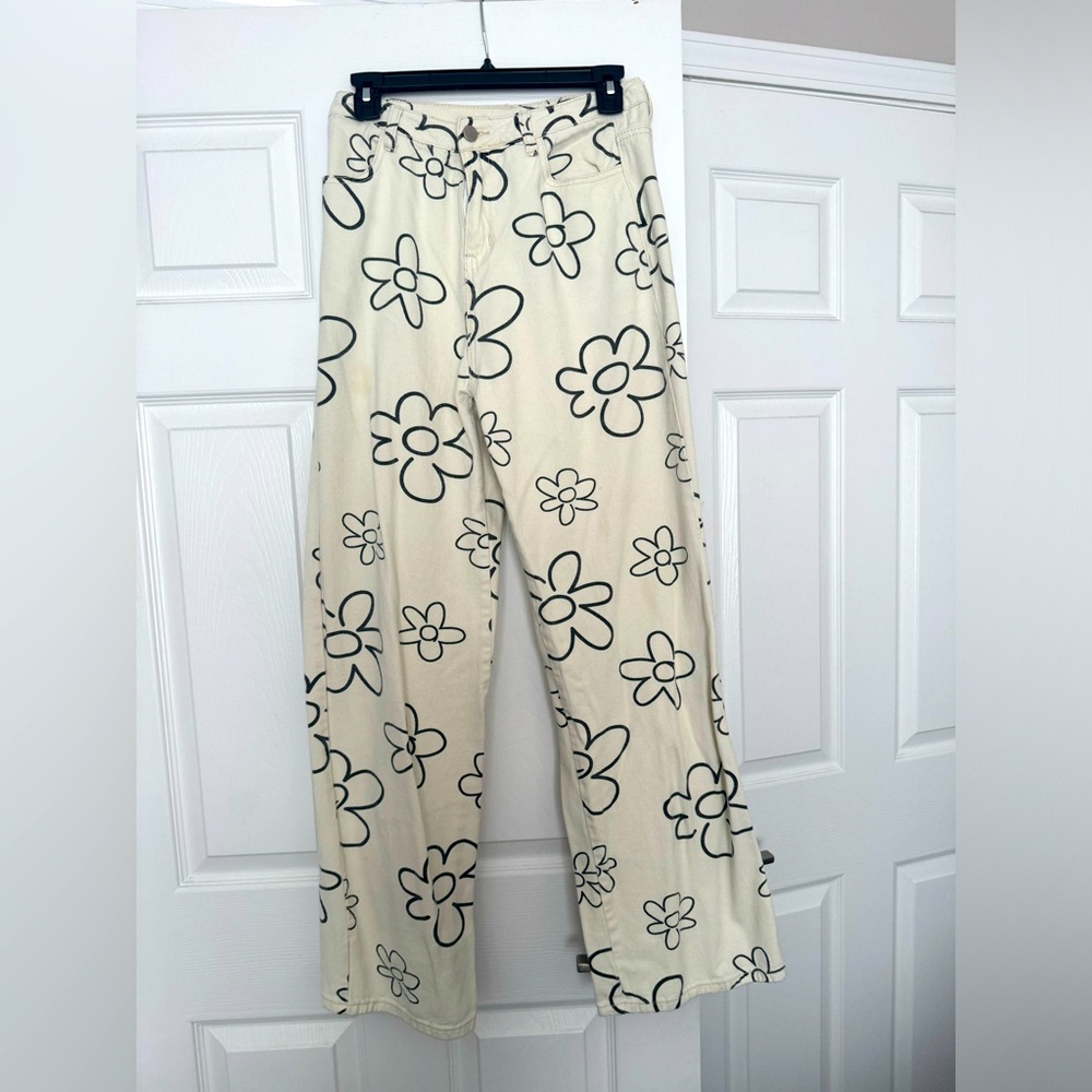 White / Black Floral Jeans- Loose Fitting